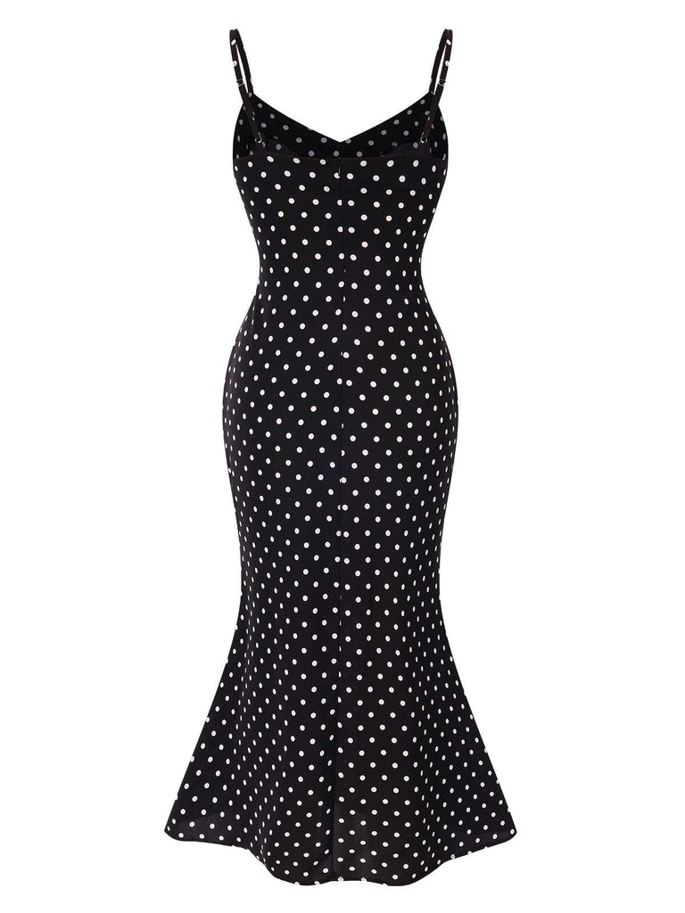 Black 1930s Spaghetti Strap Polka Dots Mermaid Dress