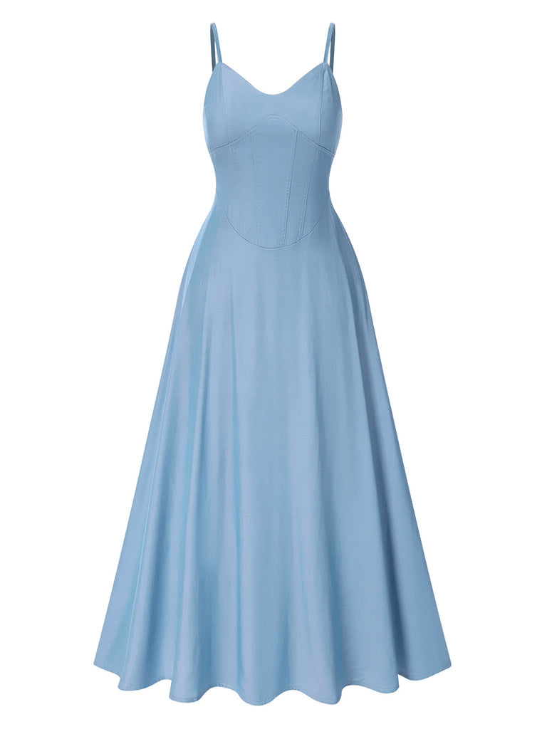 Light Blue 1930s Solid Straps Cotton Dress