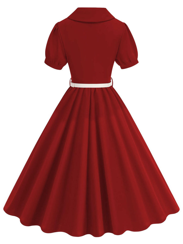 Red 1950s Solid Lapel Belt Dress