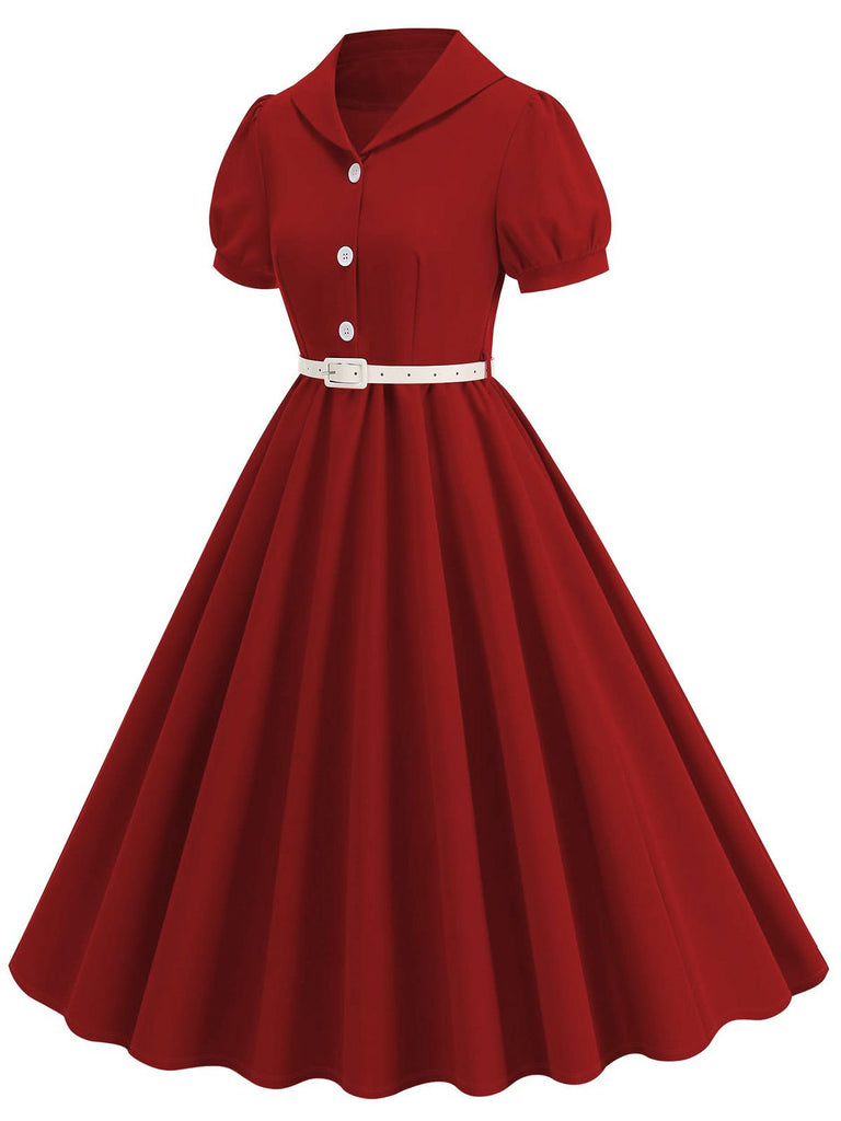 Red 1950s Solid Lapel Belt Dress