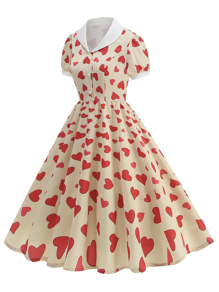 Beige 1950s Hearts Puff Sleeves Lapel Dress