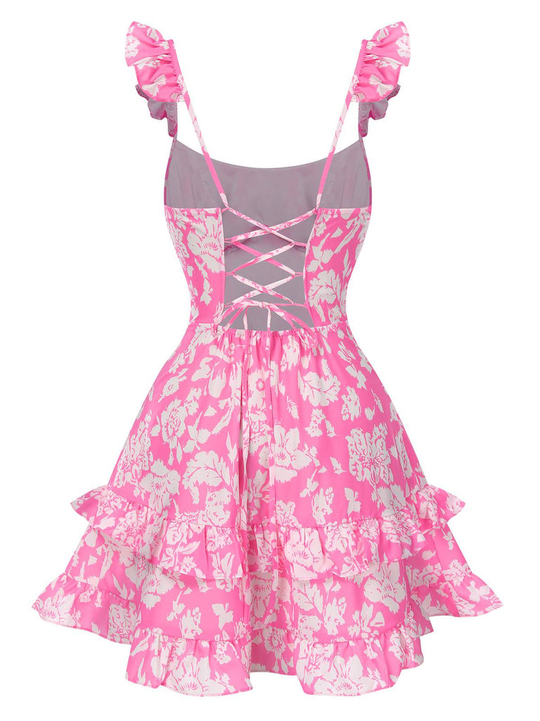 Pink 1970s Ruffled Suspender Lace-Up Floral Dress