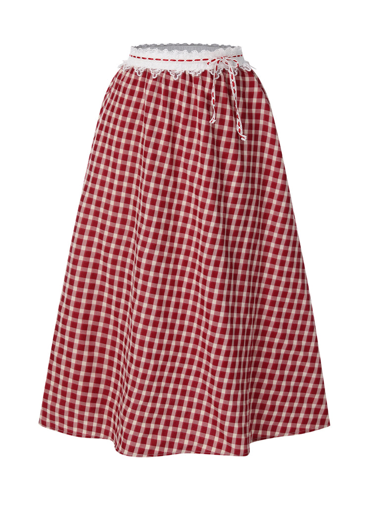 Red 1940s Plaid Lace Patchwork Skirt