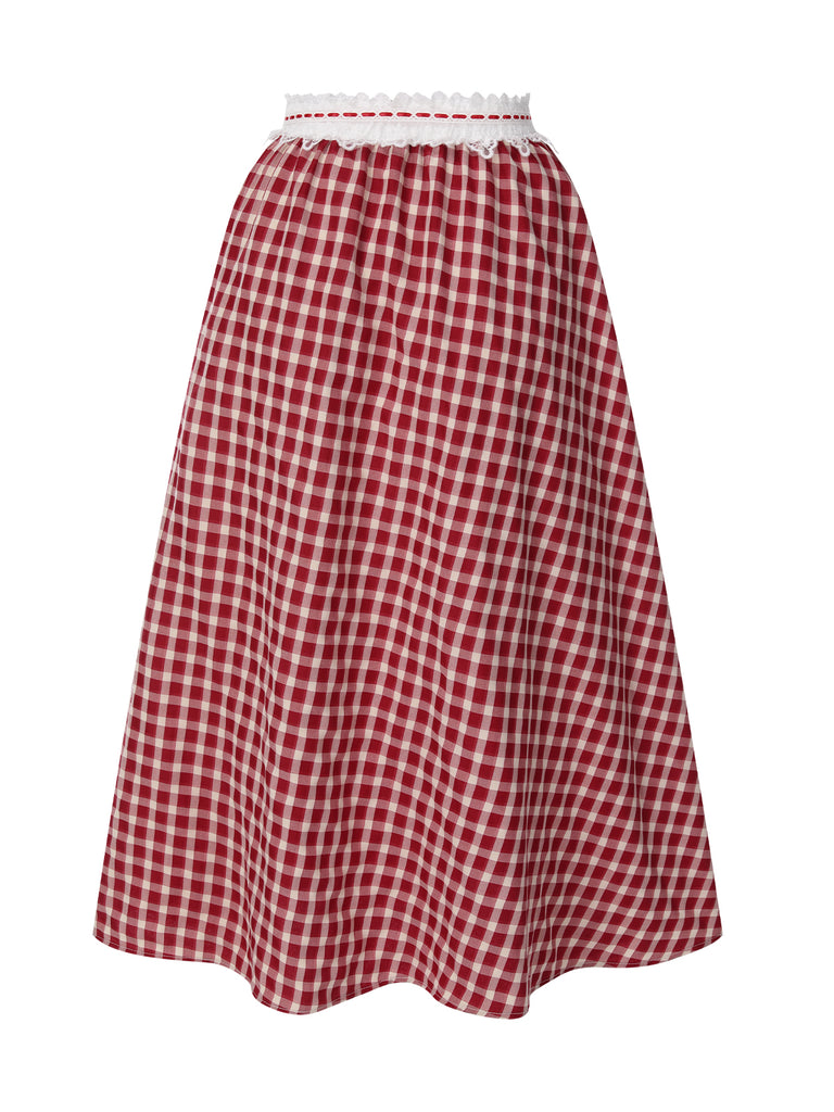 Red 1940s Plaid Lace Patchwork Skirt