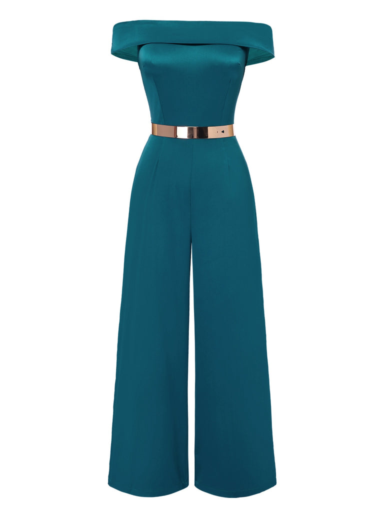 [Pre-Sale] Green 1930s Off-Shoulder Metallic Belt Jumpsuit