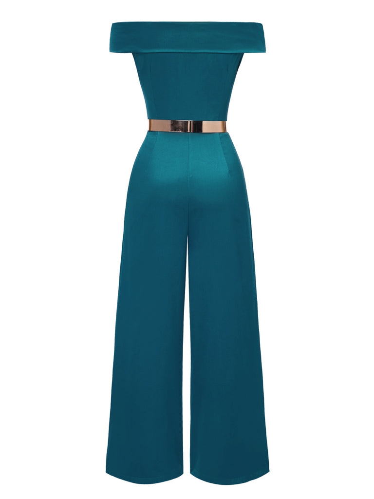 [Pre-Sale] Green 1930s Off-Shoulder Metallic Belt Jumpsuit