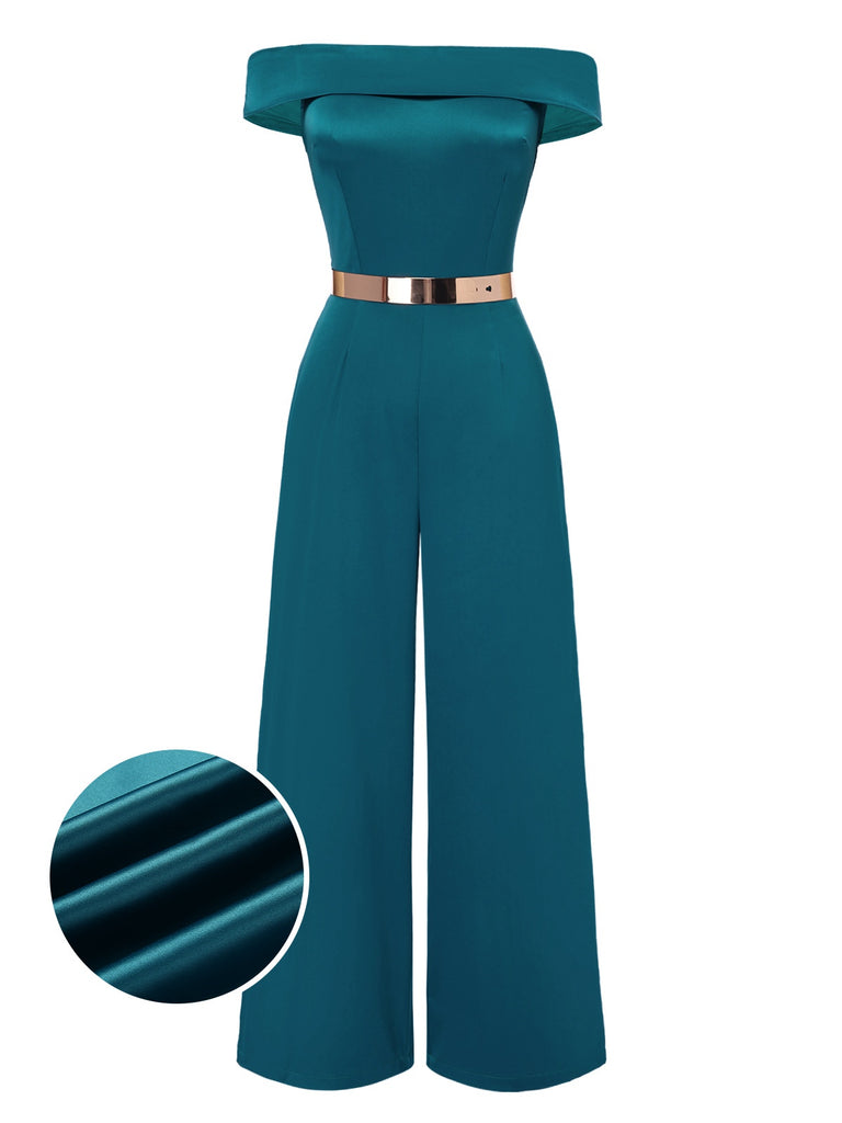 [Pre-Sale] Green 1930s Off-Shoulder Metallic Belt Jumpsuit