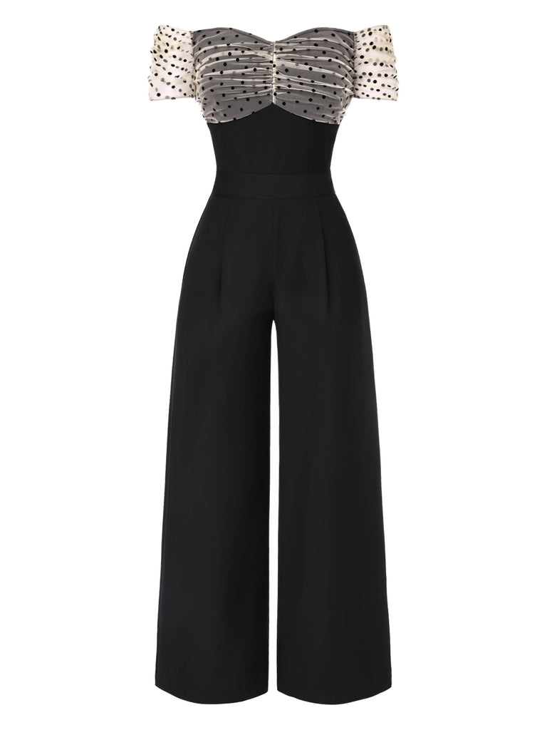 [Pre-Sale] Black 1940s Dots Mesh Off-Shoulder Jumpsuit