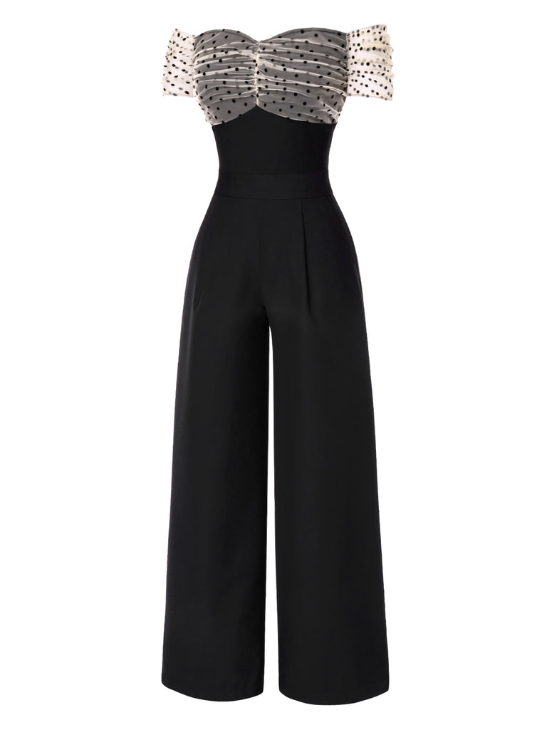 [Pre-Sale] Black 1940s Dots Mesh Off-Shoulder Jumpsuit