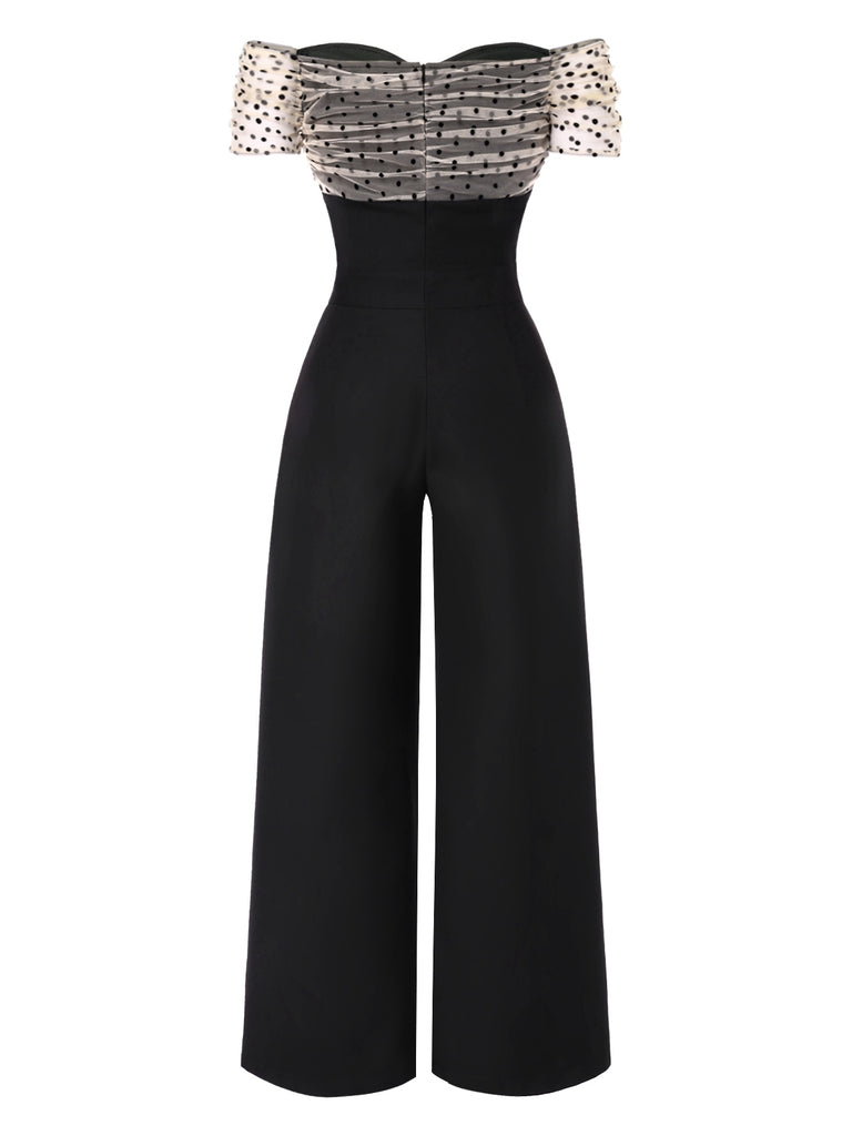 [Pre-Sale] Black 1940s Dots Mesh Off-Shoulder Jumpsuit