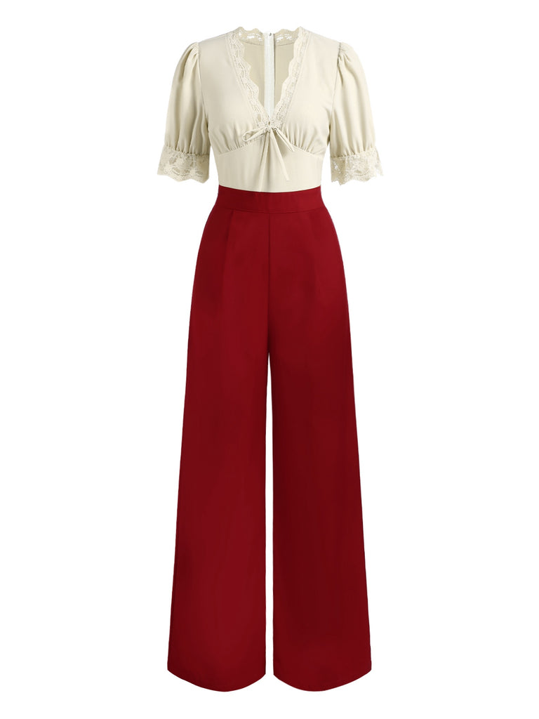 [Pre-Sale] Beige & Red 1930s Lace Trim V-Neck Jumpsuit