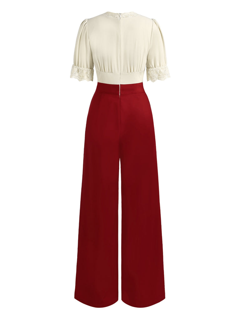 [Pre-Sale] Beige & Red 1930s Lace Trim V-Neck Jumpsuit