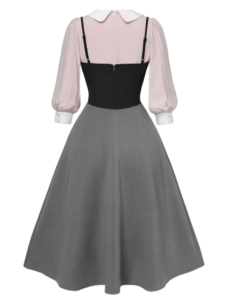 [Pre-Sale] 2PCS 1940s Colorblock Pink Blouse & Gray Dress