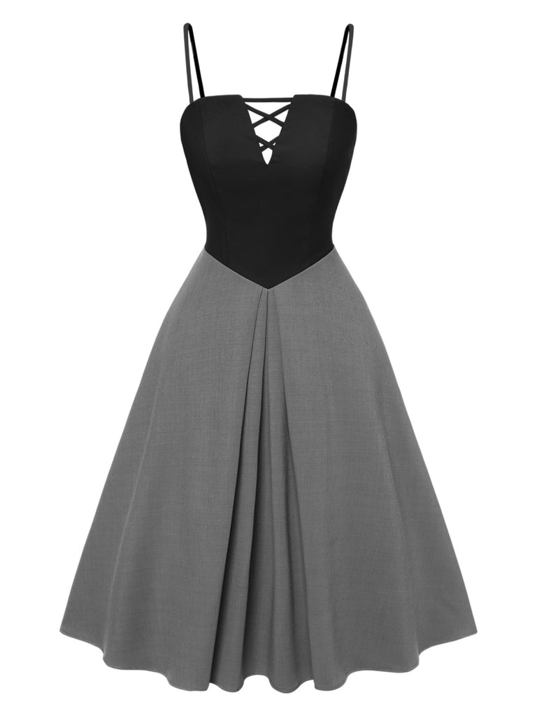 [Pre-Sale] Gray 1940s Colorblock Pleated Suspender Dress