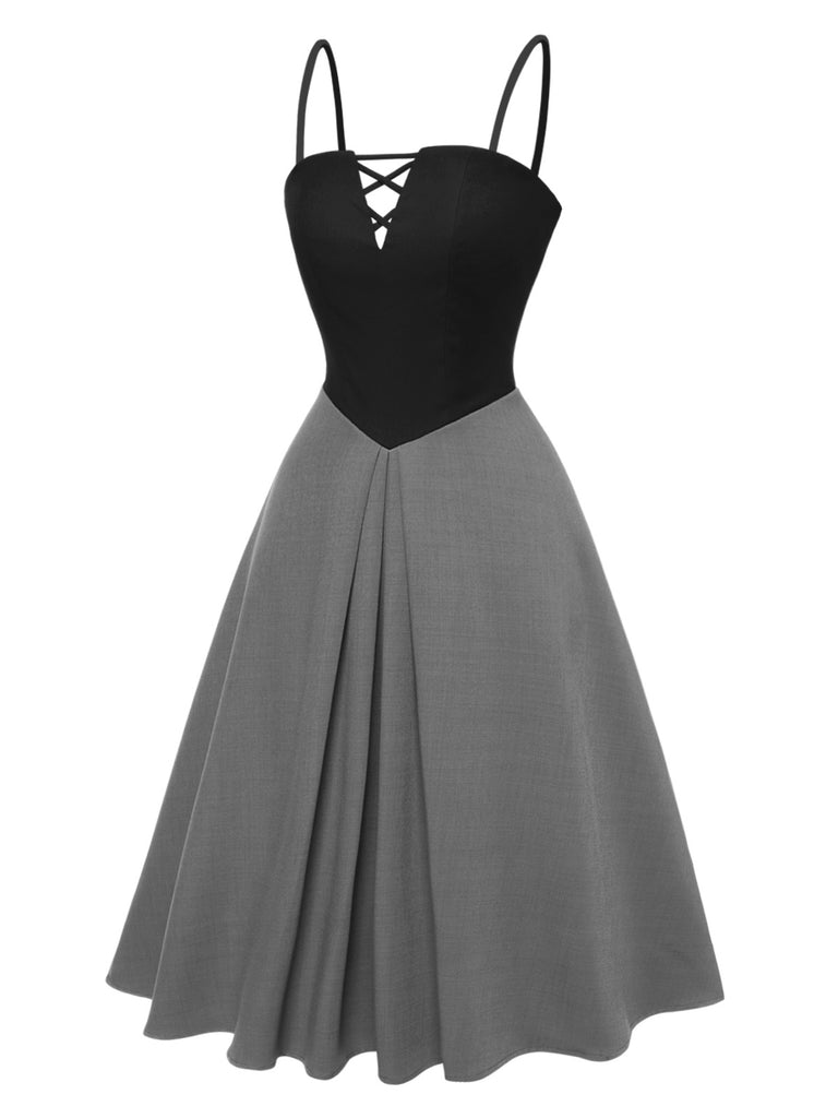 [Pre-Sale] Gray 1940s Colorblock Pleated Suspender Dress