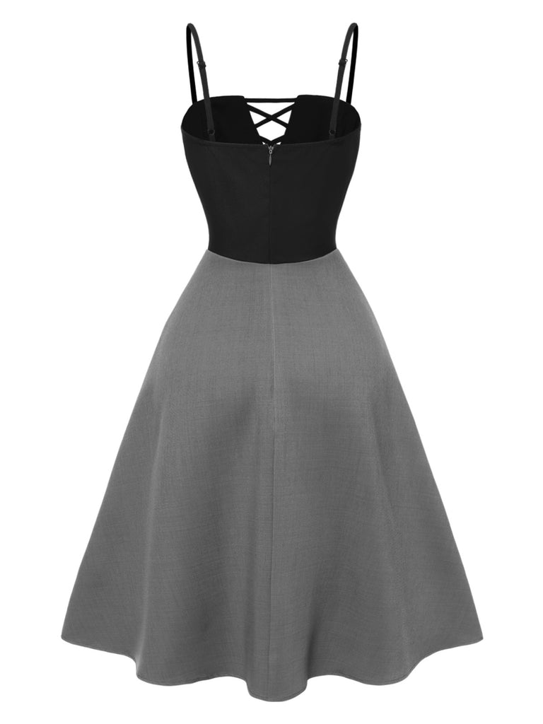 [Pre-Sale] Gray 1940s Colorblock Pleated Suspender Dress