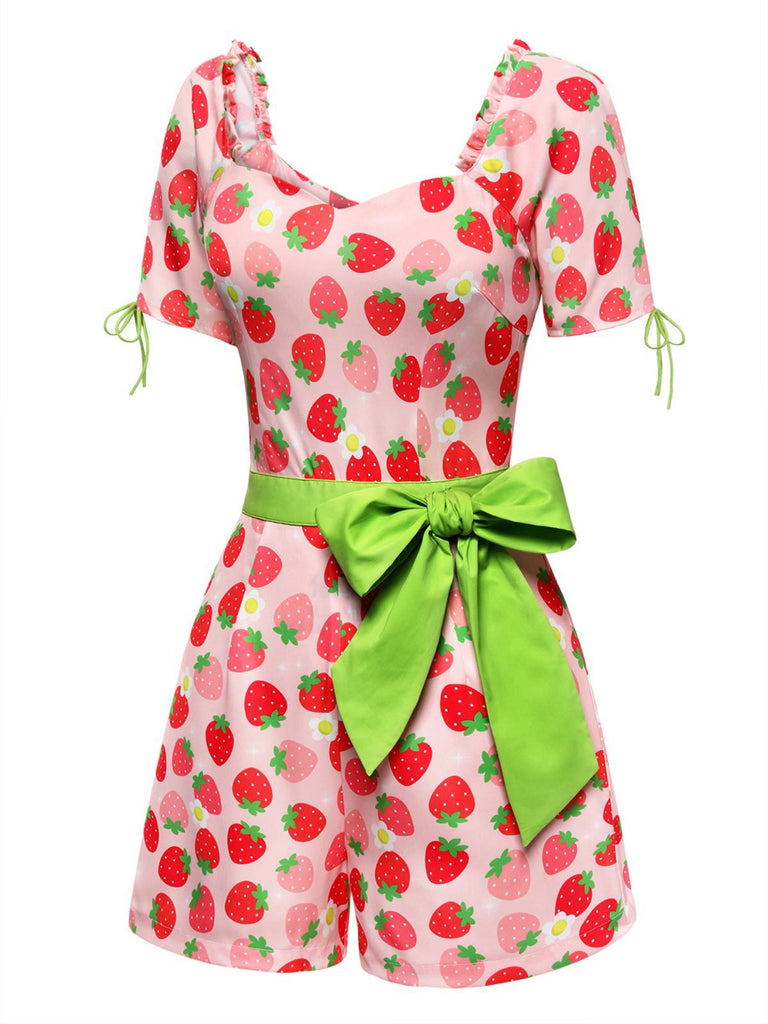 [Pre-Sale] Pink 1940s Strawberry Bow Sweetheart Neck Romper