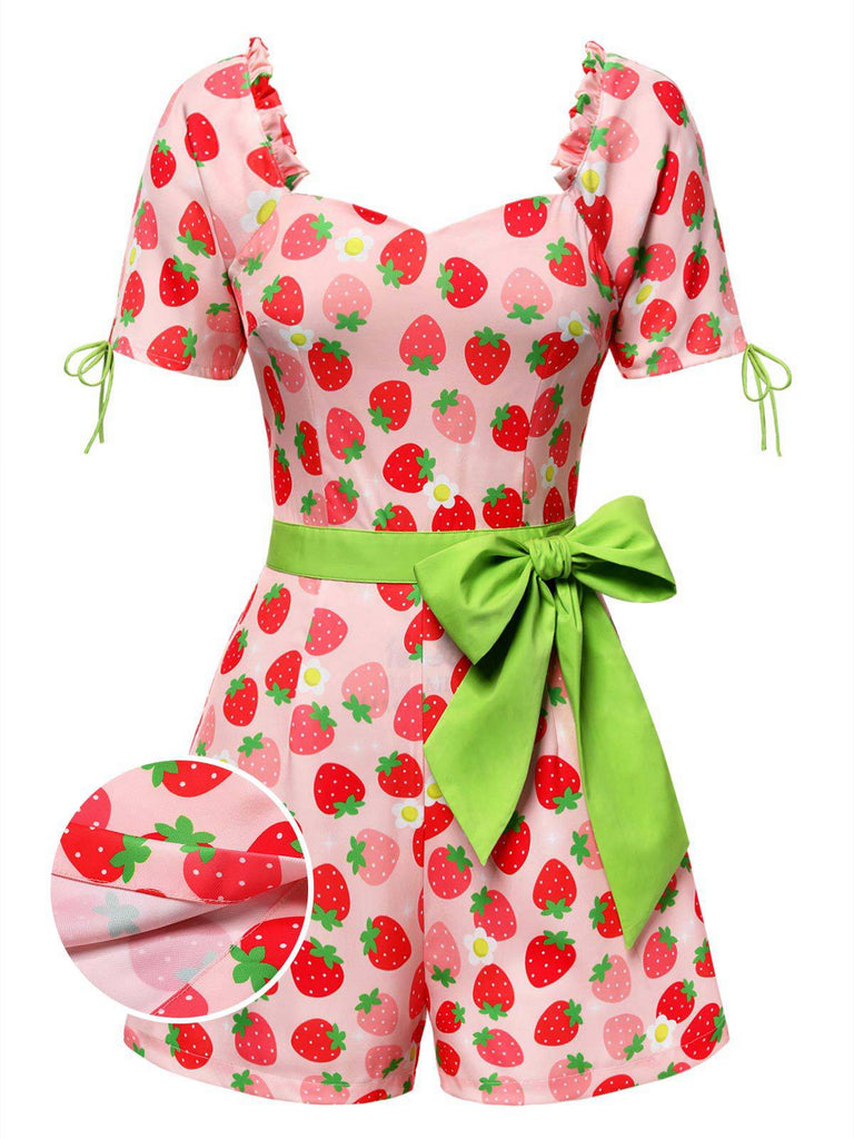 [Pre-Sale] Pink 1940s Strawberry Bow Sweetheart Neck Romper