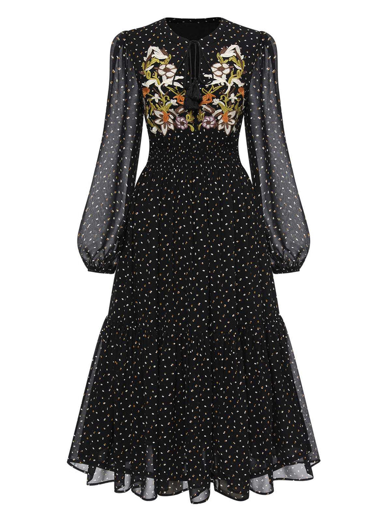 Black 1930s Boho Floral Embroidered Polka Dots Dress