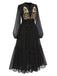 Black 1970s Boho Floral Embroidered Polka Dots Dress