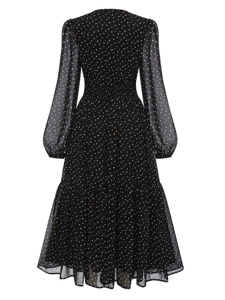 Black 1930s Boho Floral Embroidered Polka Dots Dress