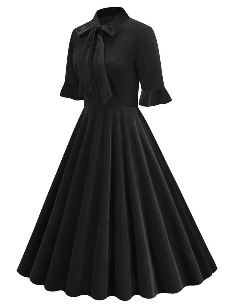 1950s Tie Neck Velvet Flared Sleeve Dress