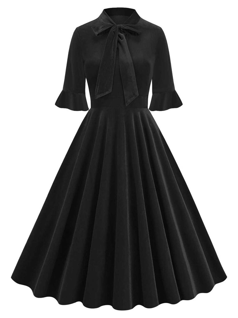 1950s Tie Neck Velvet Flared Sleeve Dress