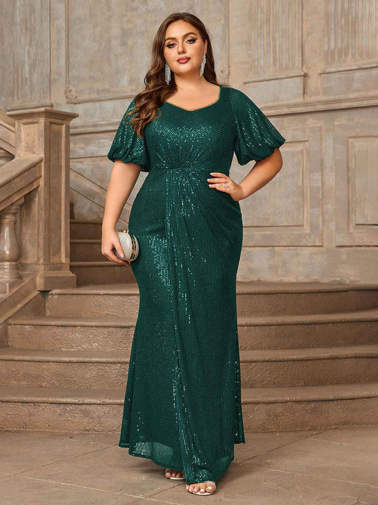 [Plus Size] Green 1930s Sequins Puff Sleeves Long Dress