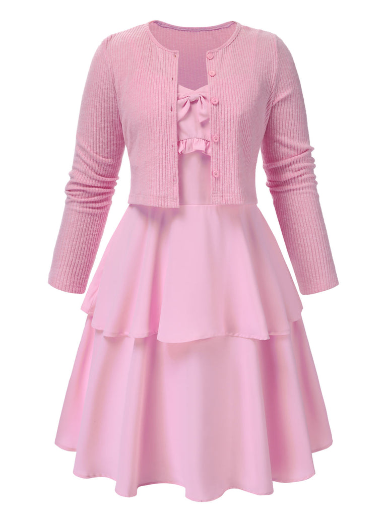 [Pre-Sale] [Plus Size] 2PCS Pink 1950s Knitted Cardigan & Bow Cake Dress