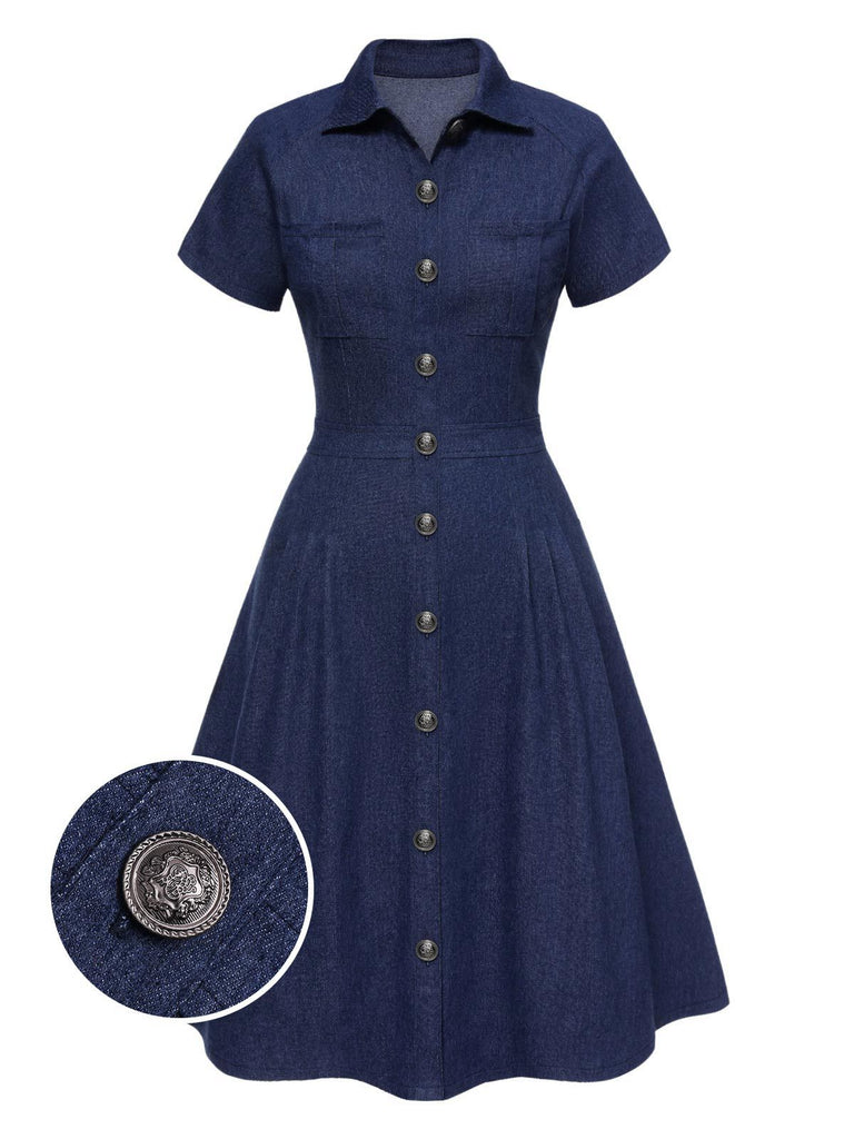 [Pre-Sale] Blue 1950s Buttoned Cotton Denim Shirt Dress