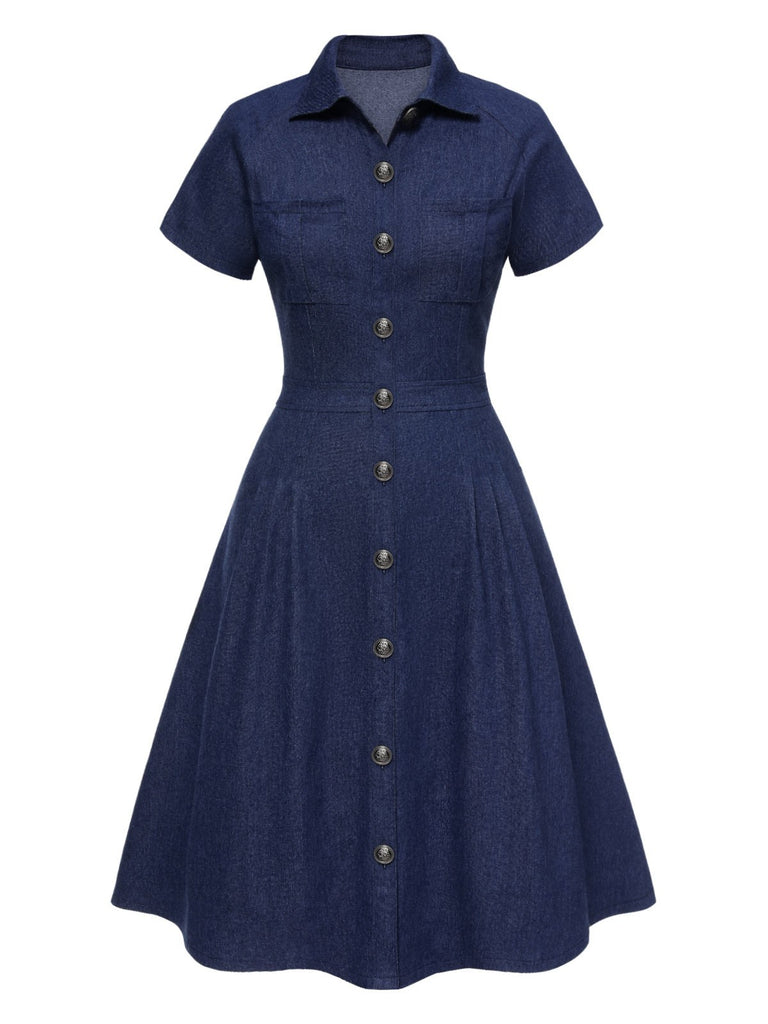 [Pre-Sale] Blue 1950s Buttoned Cotton Denim Shirt Dress