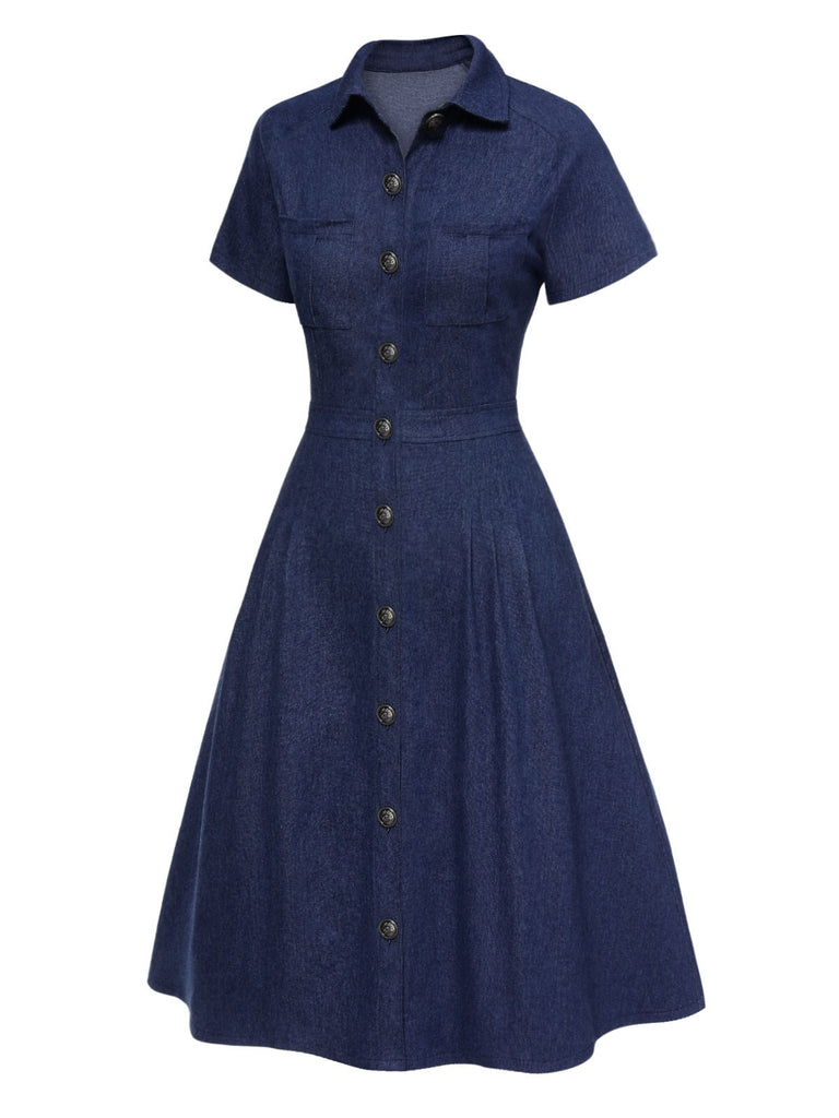 [Pre-Sale] Blue 1950s Buttoned Cotton Denim Shirt Dress