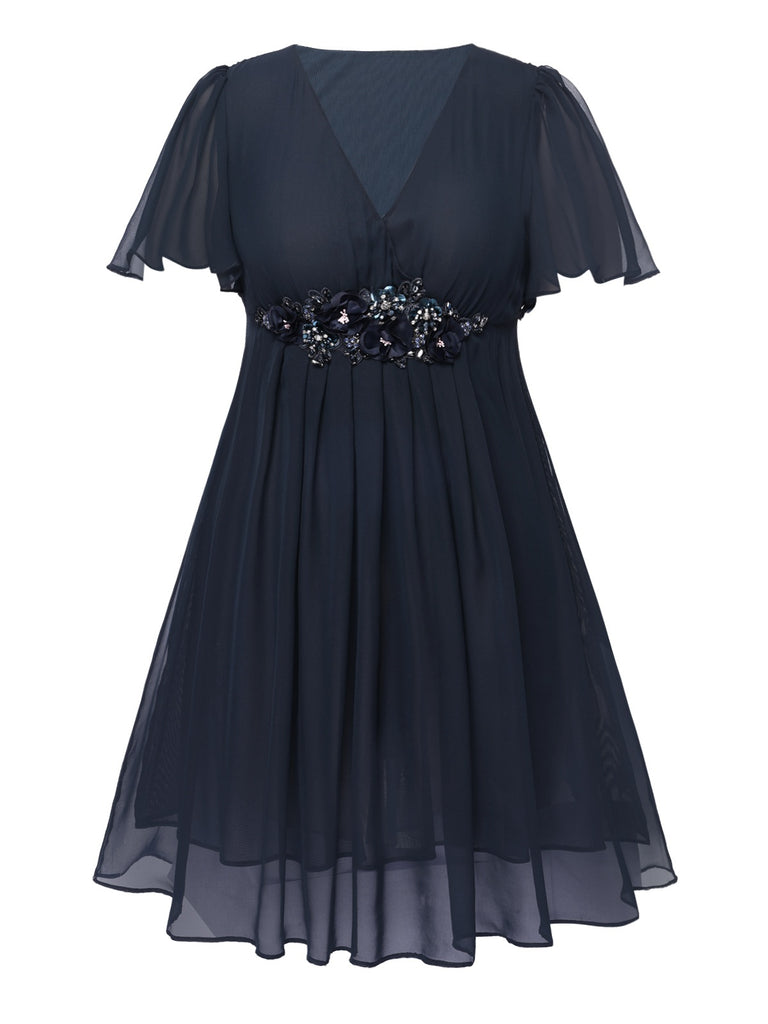 [Pre-Sale] [Plus Size] Blue 1940s V-Neck Pleated Ruffle Embroidered Dress