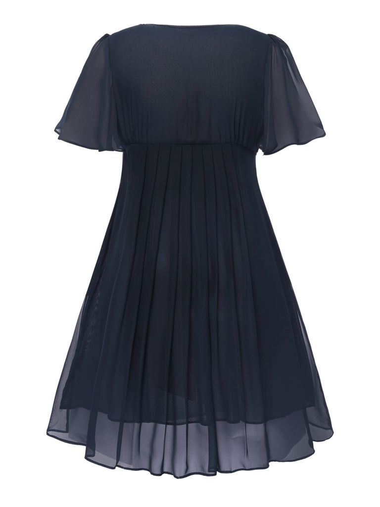 [Pre-Sale] [Plus Size] Blue 1940s V-Neck Pleated Ruffle Embroidered Dress