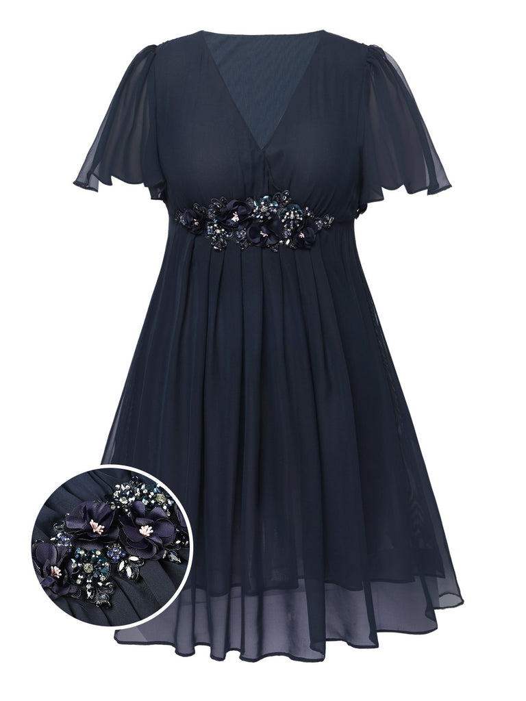 [Pre-Sale] [Plus Size] Blue 1940s V-Neck Pleated Ruffle Embroidered Dress