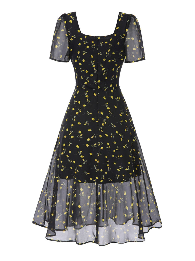 [Pre-Sale] Black 1940s Floral Square Neck Chiffon Dress