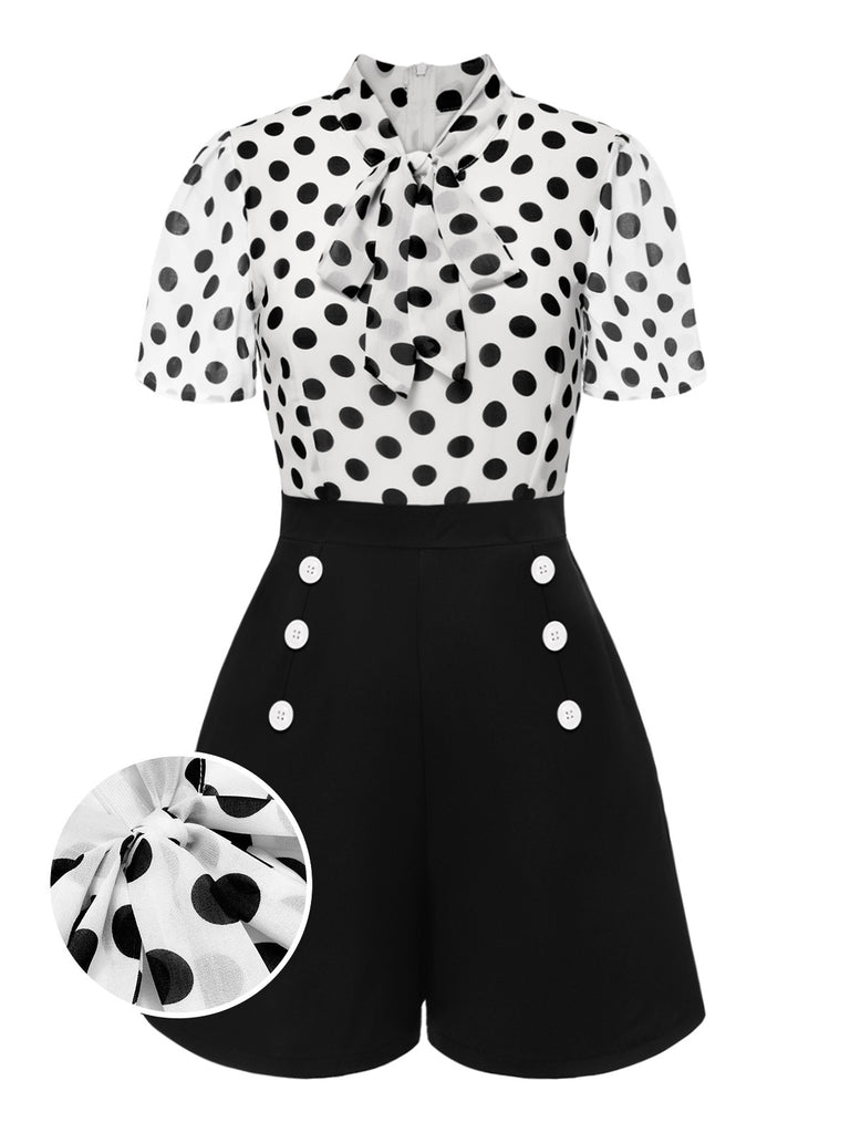 Black And White 1950s Polka Dot Collared Romper