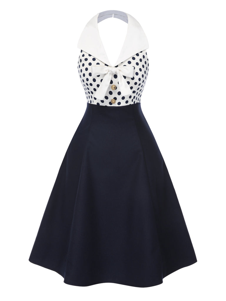 [Pre-Sale] Blue 1950s Lapel Polka Dots Halter Dress