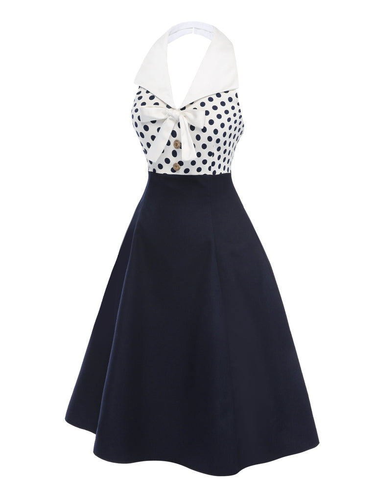 [Pre-Sale] Blue 1950s Lapel Polka Dots Halter Dress