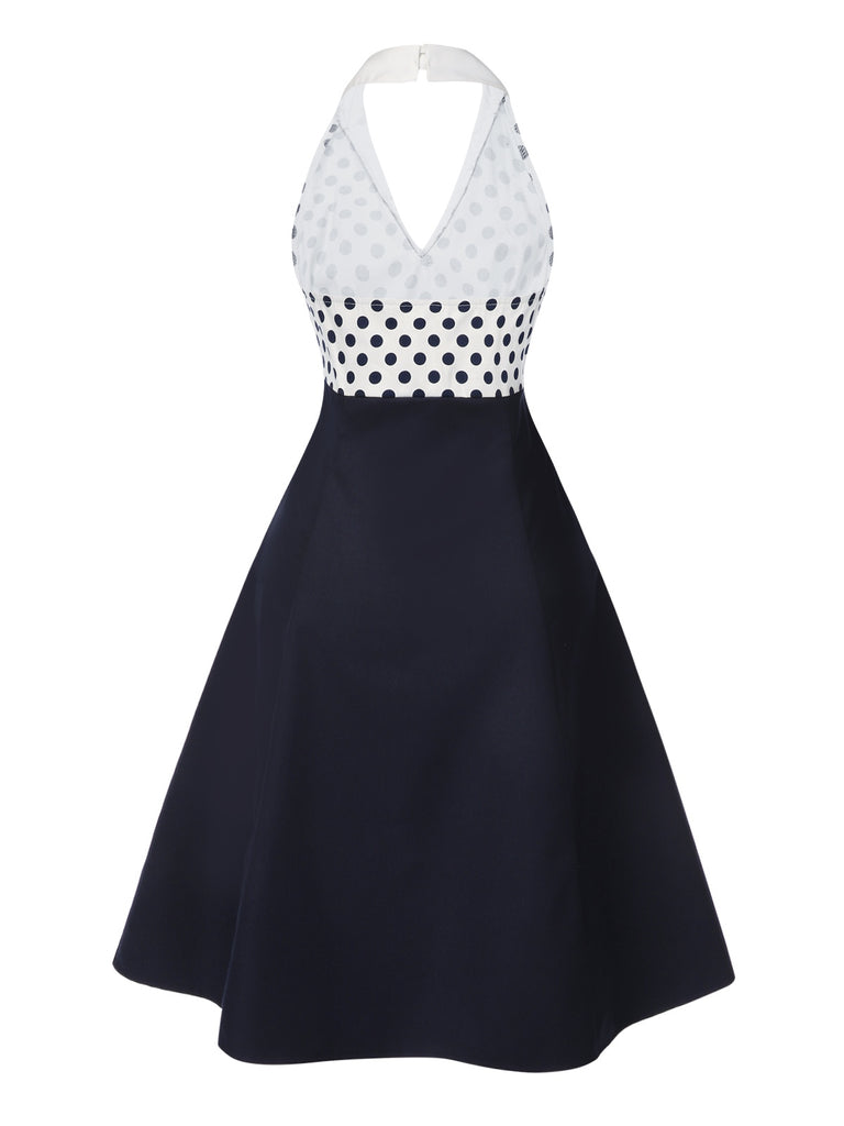 [Pre-Sale] Blue 1950s Lapel Polka Dots Halter Dress