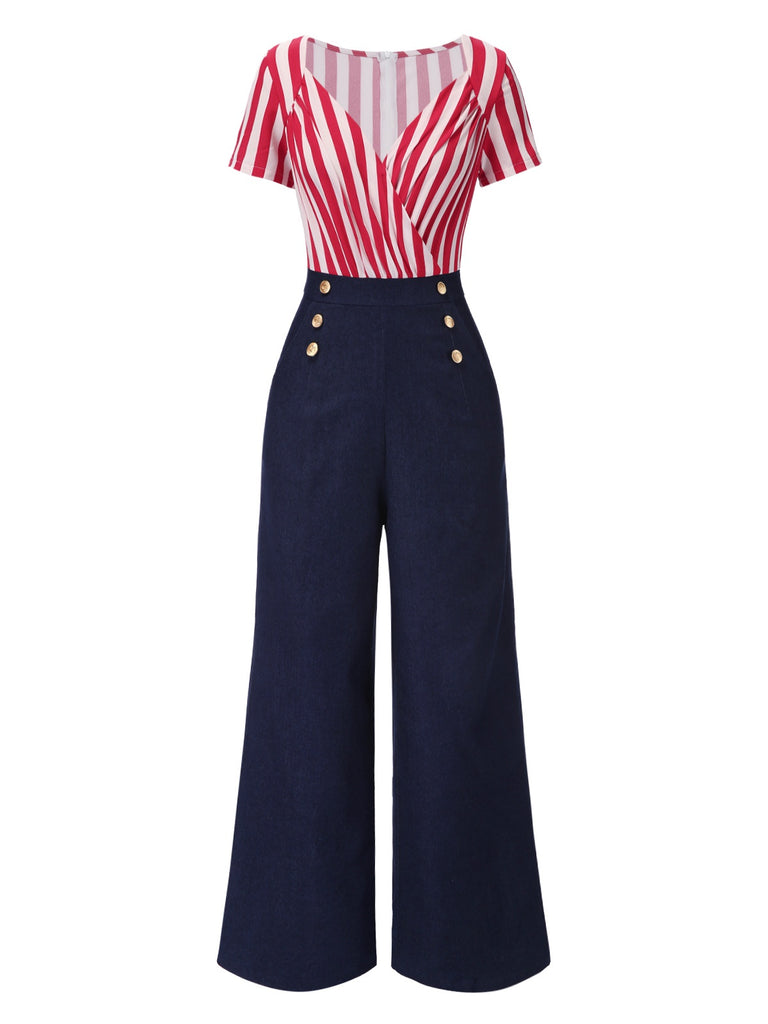 [Pre-Sale] Red 1950s Vertical Stripes Patchwork Jumpsuit