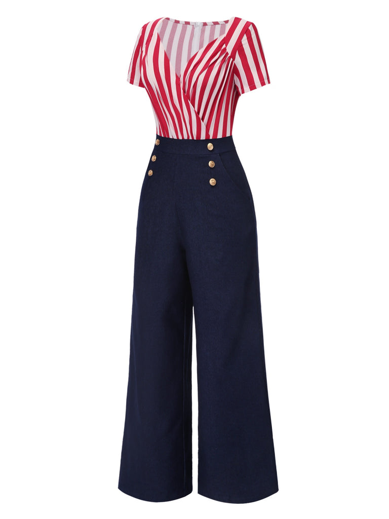 [Pre-Sale] Red 1950s Vertical Stripes Patchwork Jumpsuit