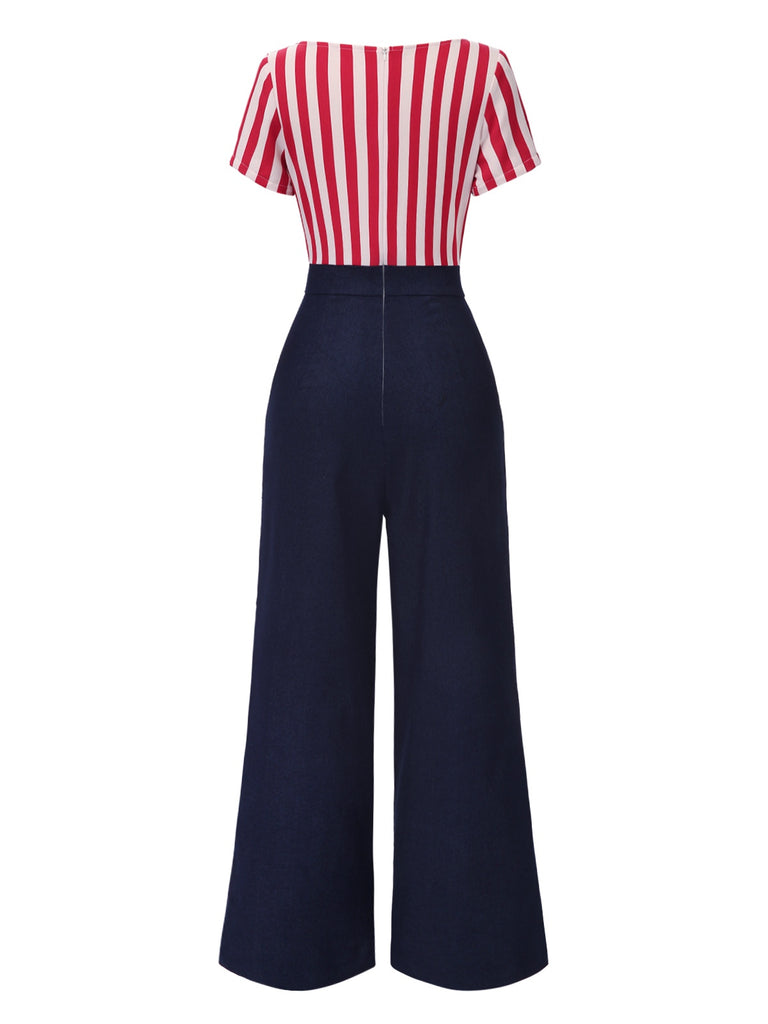 [Pre-Sale] Red 1950s Vertical Stripes Patchwork Jumpsuit