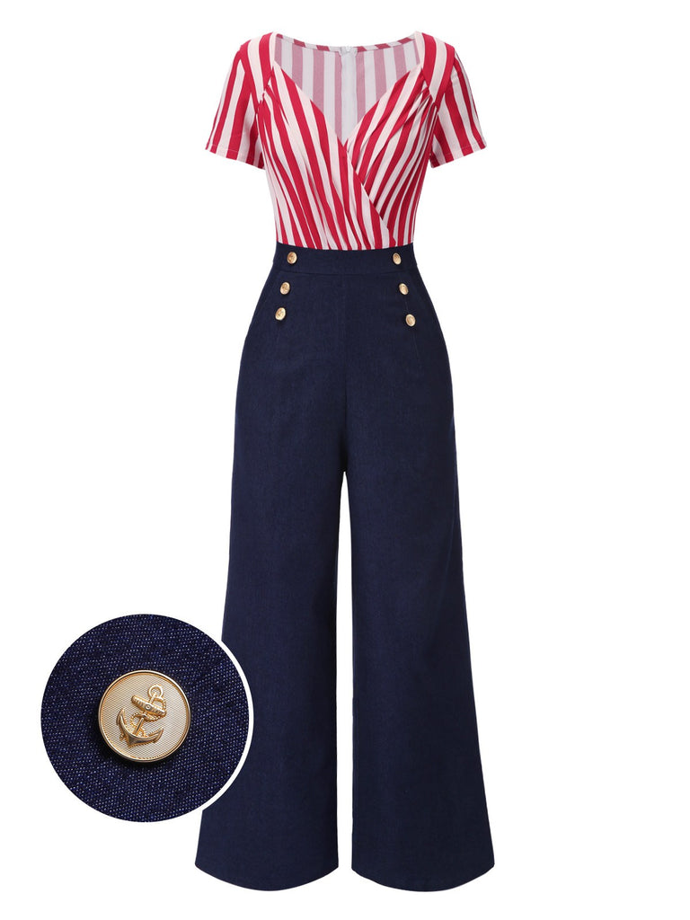 [Pre-Sale] Red 1950s Vertical Stripes Patchwork Jumpsuit