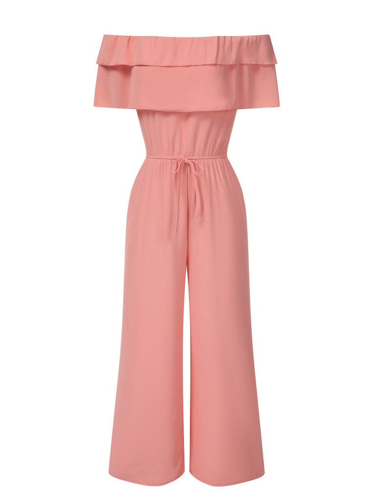 1930s Solid Layered Ruffle Off-Shoulder Jumpsuit