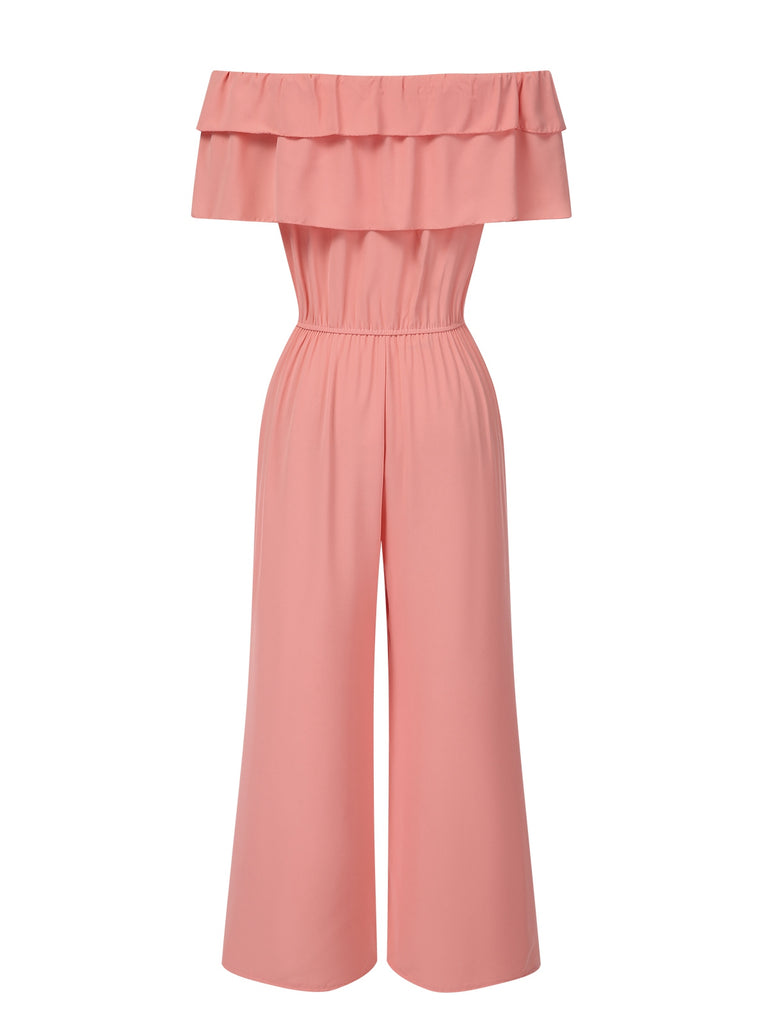 1930s Solid Layered Ruffle Off-Shoulder Jumpsuit