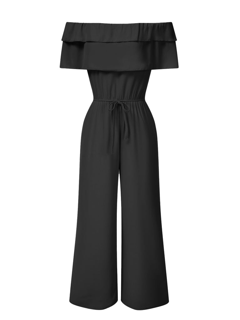 1930s Solid Layered Ruffle Off-Shoulder Jumpsuit