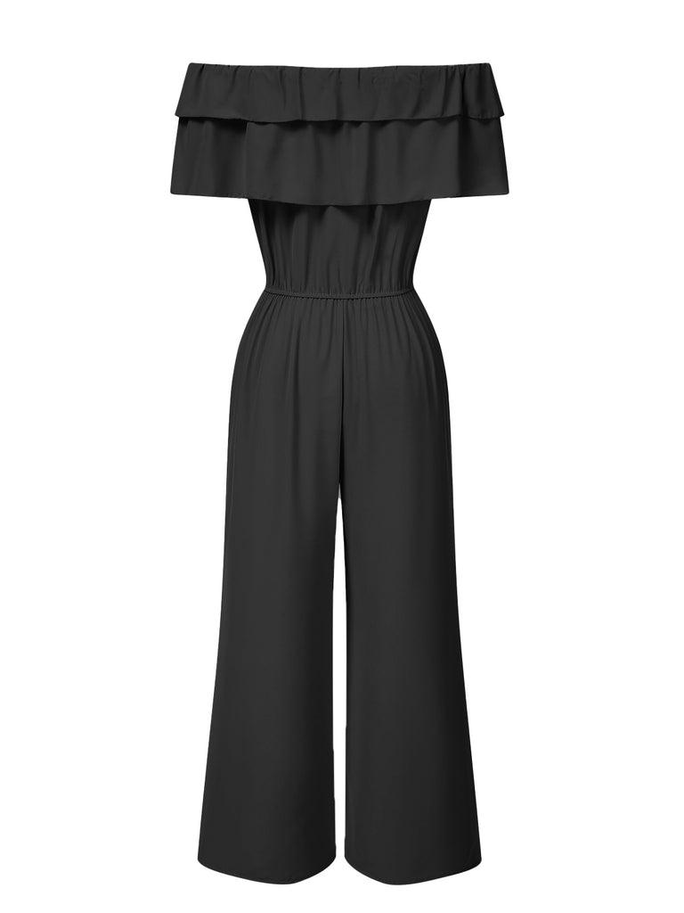 1930s Solid Layered Ruffle Off-Shoulder Jumpsuit