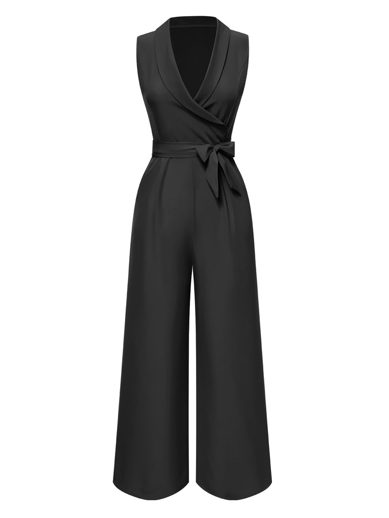 1930s V-Neck Solid Belted Sleeveless Jumpsuit