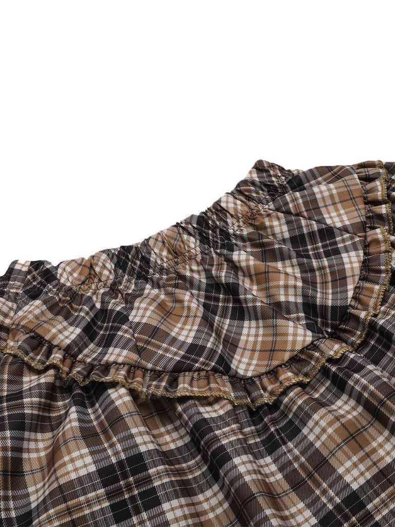 2PCS Khaki 1940s Tartan Puff Top & Layered Hem Skirt